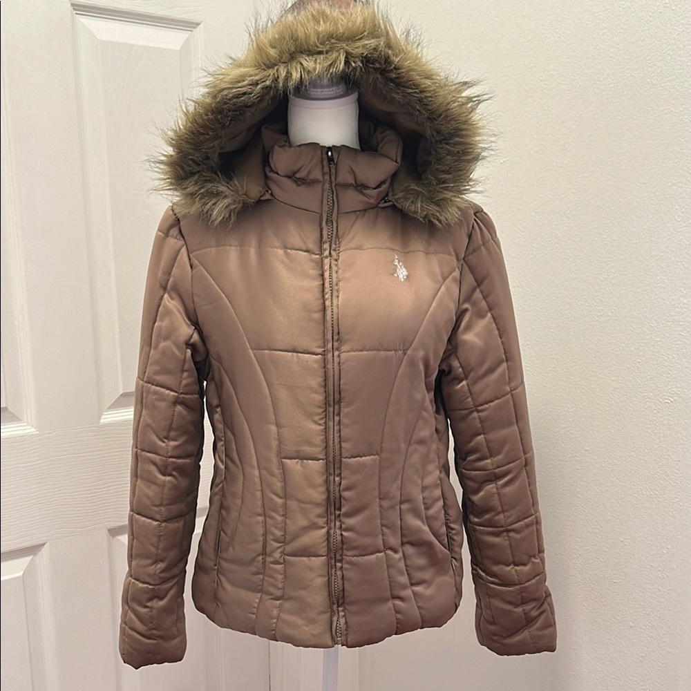 U.S. Polo Assn. Brown Puffer Jacket with Faux Fur Hood
